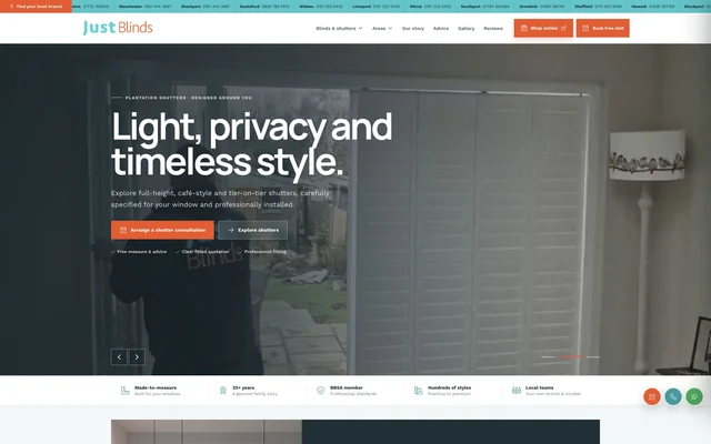 Just Blinds website — The homepage